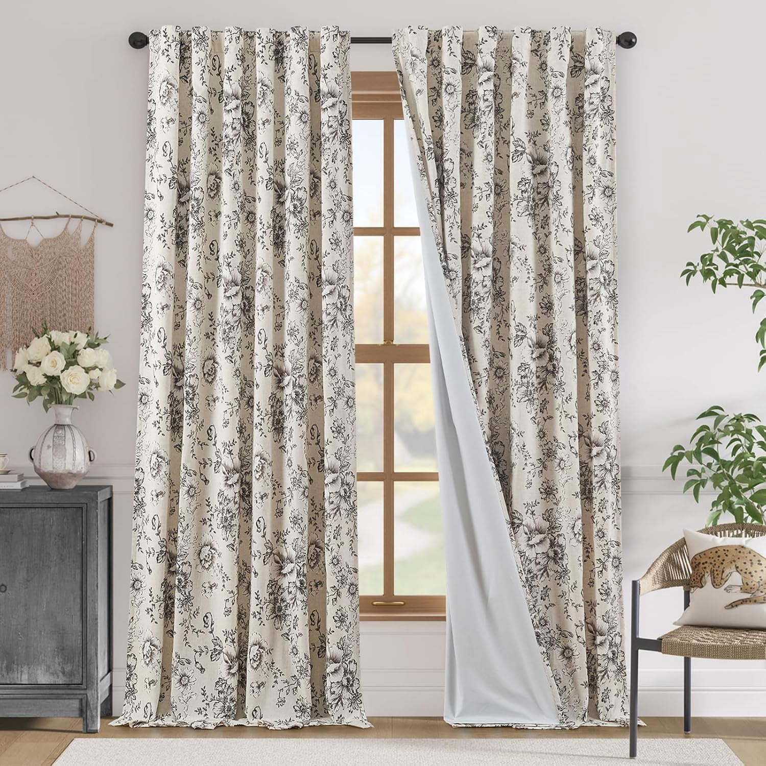 Linen Blend Floral Blackout Curtains with Lining for Living Room ...