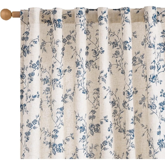 Linen Blend Floral Curtains 50"W x 96"L Back Tab Drapes Light Filtering Vintage Style Blue on Beige 2 Panels