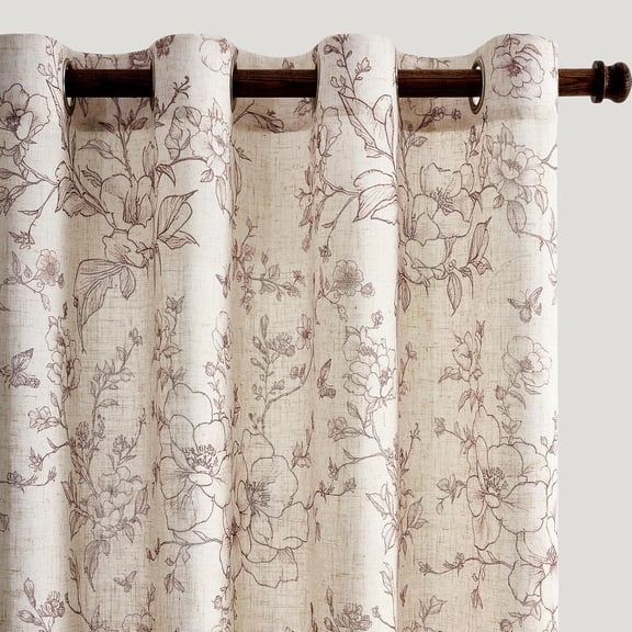Linen Blend Floral Mocha Brown Semi-Sheer Curtains 96" Long, Elegant Farmhouse Drapes, 2 Panels