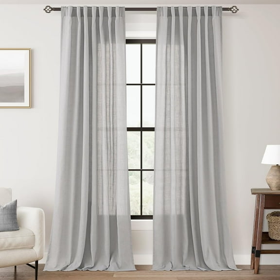 Linen Blend Grey Curtains for Living Room Back Tab Modern Farmhouse Semi Sheer Light Gray Curtains 120 inches Long 2 Panels Set Muted Neutral Cotton Texture Window Curtain for Dining Room Bedroom