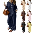 thumbnail image 1 of Linen Blend Long Sleeve Button Down Set for Women, Notched Collar Shirt & Wide Leg Pants - Casual Solid Color Two Piece Lounge Outfit with Pockets Khaki L, 1 of 6