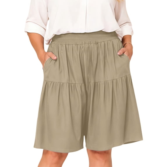 Linen Blend Loose Culottes for Women Summer Dressy Flowy Wide Leg with Pockets Lightweight Stretch Beach & Travel Summer Knee Length Capri Pants Drawstring High Waist,Beige,L