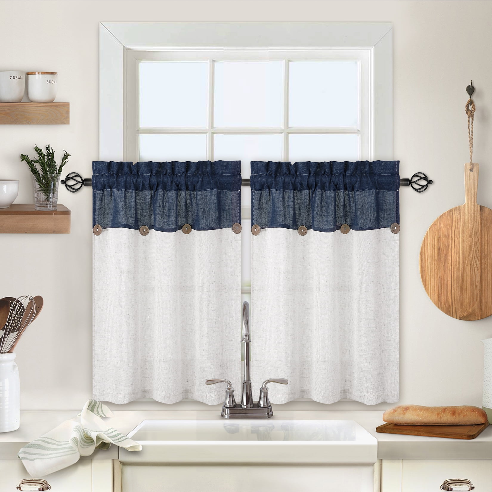 Linen Blend Rustic Button Cafe Curtains Stripe Color Block Farmhouse ...