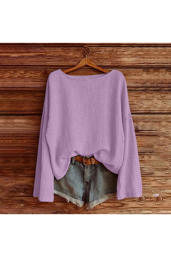 Linen Blend Shirt, Off Shoulder Neckline Modifies Shoulder Relaxed Fit Off Shoulder Solid Color Cotton Linen Shirt Solid Color Off Shoulder Design, Purple S