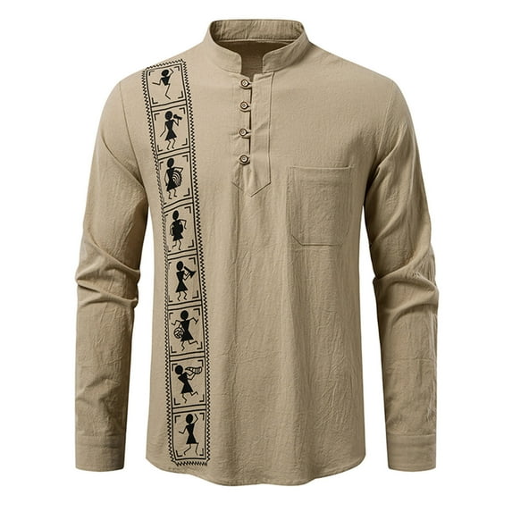 Linen Blend Shirts for Men Long Sleeve Vintage Ethnic Style Print Shirt Button up Pullover Tops Stand Collar Blouses (L, Khaki)