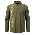 thumbnail image 1 of Linen Blend Shirts for Men Long Sleeve Vintage Ethnic Style Print Shirt Button up Pullover Tops Stand Collar Blouses (S, Army Green), 1 of 7
