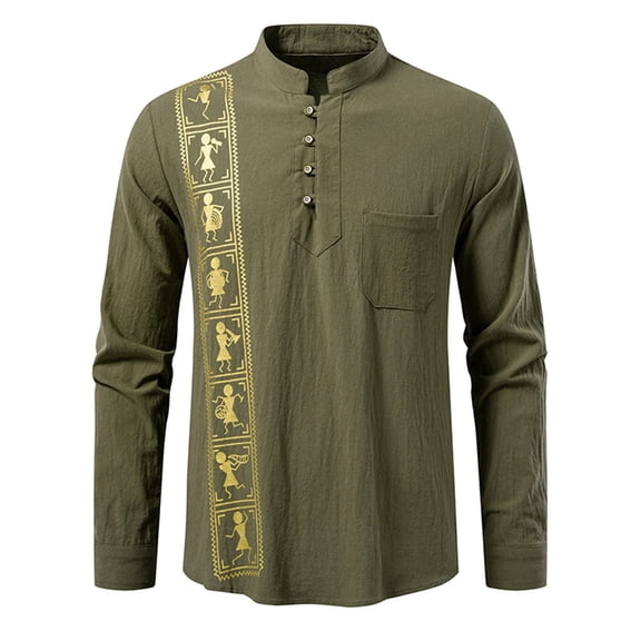 Linen Blend Shirts for Men Long Sleeve Vintage Ethnic Style Print Shirt Button up Pullover Tops Stand Collar Blouses (XL, Army Green)