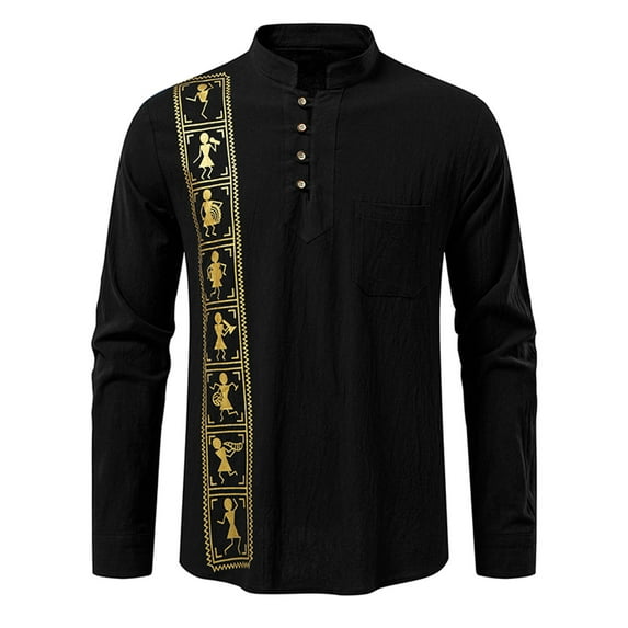 Linen Blend Shirts for Men Long Sleeve Vintage Ethnic Style Print Shirt Button up Pullover Tops Stand Collar Blouses (XL, Black)