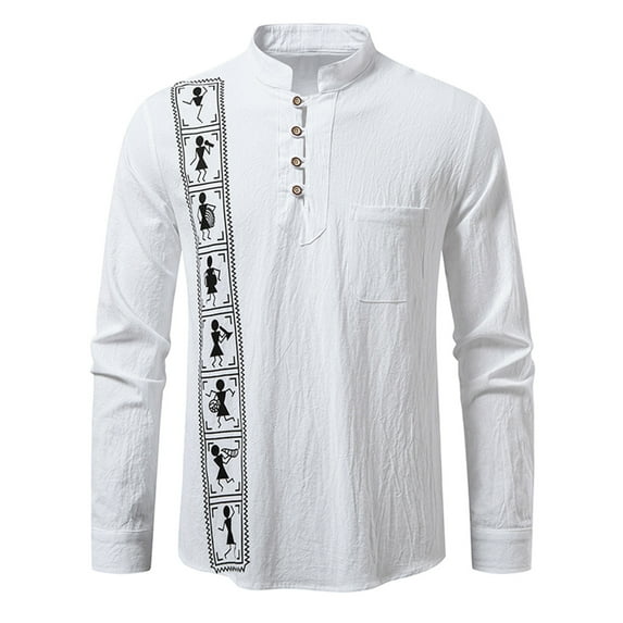Linen Blend Shirts for Men Long Sleeve Vintage Ethnic Style Print Shirt Button up Pullover Tops Stand Collar Blouses (XL, White)