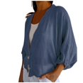 thumbnail image 1 of Linen Blend Shirts for Women 3/4 Sleeve 2 Button V Neck Open Front Solid Tops Blue,M, 1 of 6