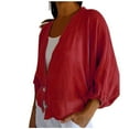 thumbnail image 1 of Linen Blend Shirts for Women 3/4 Sleeve 2 Button V Neck Open Front Solid Tops Red,M, 1 of 5