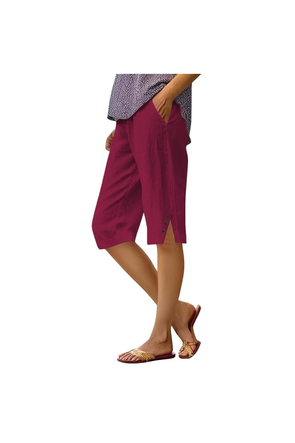 Linen Blend Shorts Women Side Split Button Shorts High Waisted Linen Shorts Women Summer Casual Drawstring Shorts Palazzo Pants Bermuda Knee Length Shorts Linen Blend Shorts Loose Fit Shorts