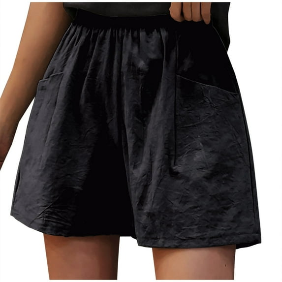 Linen Blend Shorts for Women 2024 Summer Solid Color Casual Stretch Elastic Waist Wide Leg Beach Pants with Pockets