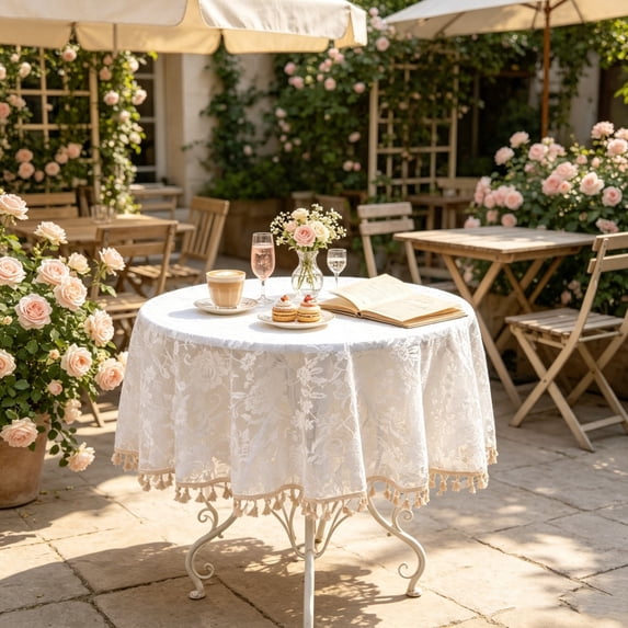 Linen Blend Square Tablecloth, Lace Edge Dining Table Cover, Wrinkle Resistant Washable Fabric for Everyday Kitchen Patio Wedding Decor