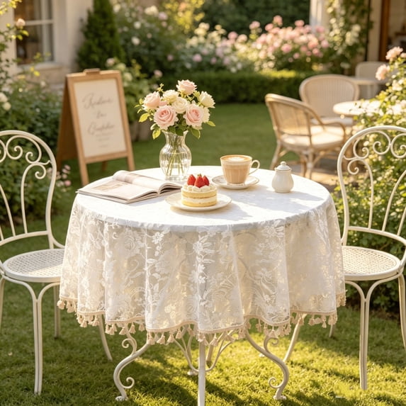 Linen Blend Square Tablecloth, Lace Edge Dining Table Cover, Wrinkle Resistant Washable Fabric for Everyday Kitchen Patio Wedding Decor