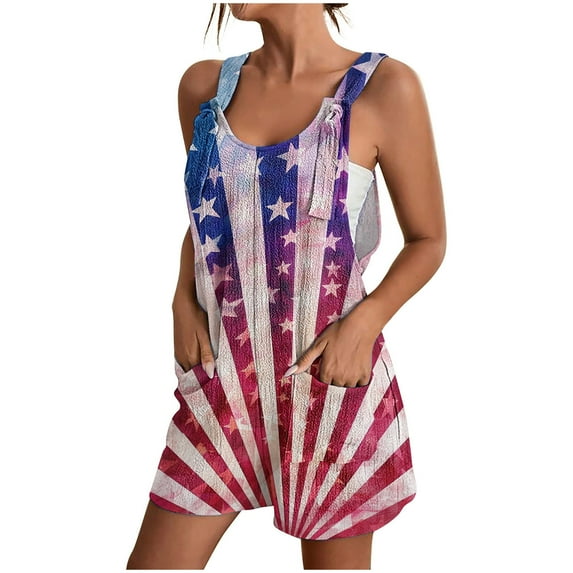 Clearance Linen Blend Summer Rompers Womens Loose Casual Shorts Tropical/4th of July American Flag Printed Sleeveless Jumpsuits (XXL, 4th July #15)