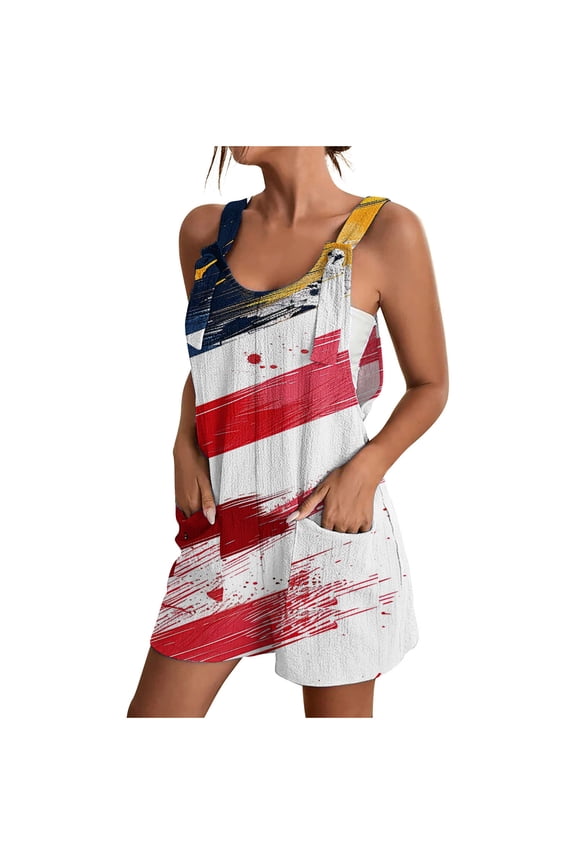 Linen Blend Summer Rompers Womens Loose Casual Shorts Tropical/4th of July American Flag Printed Sleeveless Jumpsuits (XXXL, 4th July #18)