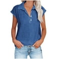 thumbnail image 1 of Linen Blend Summer Shirts for Women with Buttons Lapel V Neck Casual Cap Sleeve Pullover Tee Loose Fit Blouses (X-Large, Blue|Lapel), 1 of 6