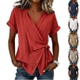 thumbnail image 1 of Linen-Blend Surplice Wrap Top for Women, Short Sleeve V-Neck Tie-Front Blouse with Rolled Cuffs - Lightweight Summer Casual Tunic Shirt Red L, 1 of 5