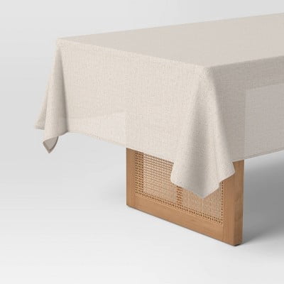 Linen Blend Tablecloth Cream - Modern Woven Rectangle, Cotton & Linen, Solid Pattern