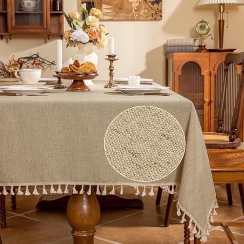 Linen Blend Tablecloth Table Cloth 280 GSM Stitching Tassel Rectangle Decorative Natural Table Cover for Kitchen Dinning Wedding Buffet 55×120 inch Natural