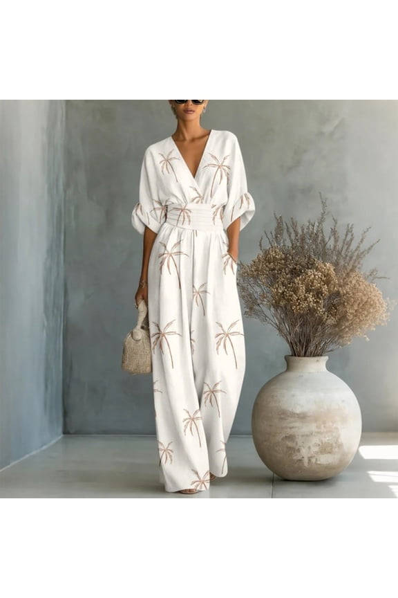 Linen Blend Wide Leg Jumpsuit for Women V Neck High Waist One Piece Outfit for Casual Summer Wear Beige L