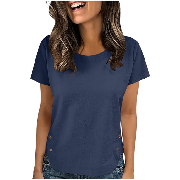 Linen Blend Womens Short Sleeve T-Shirts Round Neck Solid Tops Side Button Relaxed Fit Blouses Perfect Shirts for Daily and Work Wear