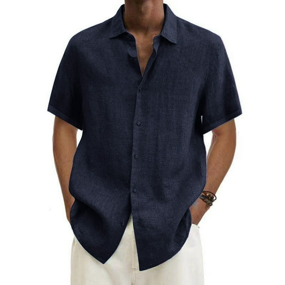 Linen Blouse Men,Men's Short Sleeve Button Up Linen Shirts Big and Tall Lightweight Summer Casual Solid Color Beach Shirts,Plus Size Men Linen Shirts