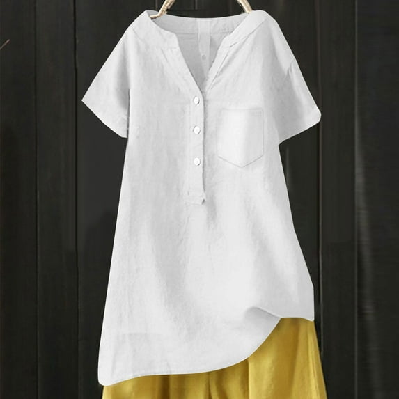 Linen Blouse Summer Beach Short Sleeve V Neck Button Down Top Casual Tunic Loose Shirt 2025