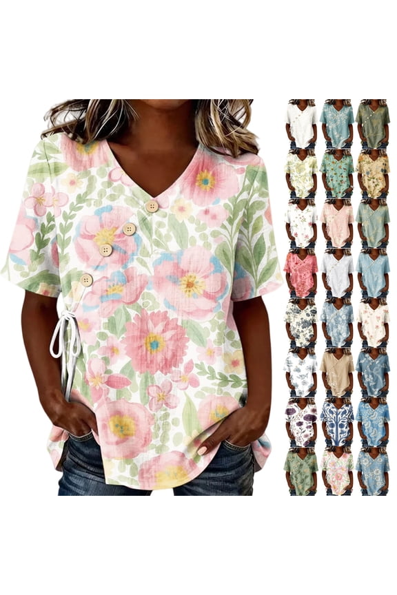 Linen Blouse Summer Women's Linen Blend Floral Print Wrap Blouse V Neck Short Sleeve Side Drawstring Adjustable Waist Casual Summer Tops, Vintage Boho Shirt Blouses Tops for Daily/Beach/Office