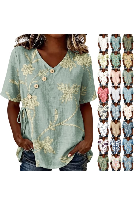 Linen Blouse Summer Women's Linen Blend Floral Print Wrap Blouse V Neck Short Sleeve Side Drawstring Adjustable Waist Casual Summer Tops, Vintage Boho Shirt Blouses Tops for Daily/Beach/Office