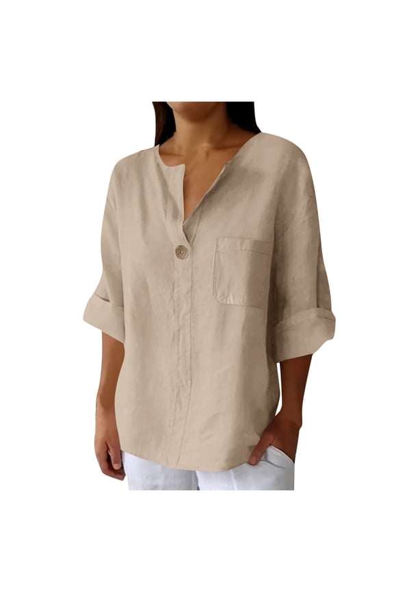 Linen Blouse Womens Half Sleeve Cotton Linen V-Neck Button Down Shirt Casual Office Work Tops for Ladies Elegant Loose Fit Tunic Top Solid Color Blouse Tee Shirt Going Out Tops
