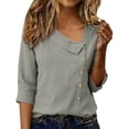 thumbnail image 1 of Linen Blouse for Women Asymmetrical Neck 3/4 Sleeve Vintage Officewear Side Button Detail Loose Fit Solid Feel Breathable Lightweight Work Tunic Top, 1 of 7