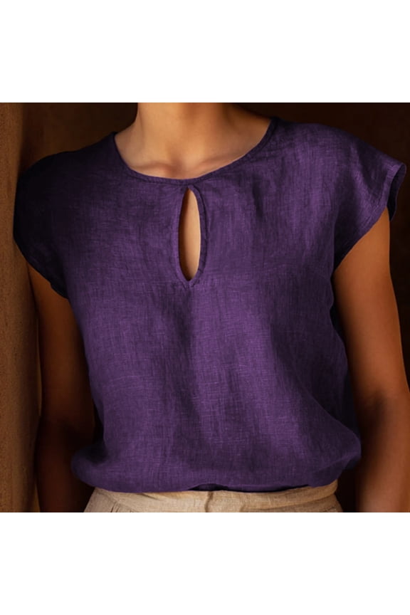 Linen Blouse for Women Round Neck Cap Sleeve Fashion Loose Fit Keyhole Cutout Detail Solid Color Soft Breathable Summer Casual Tops