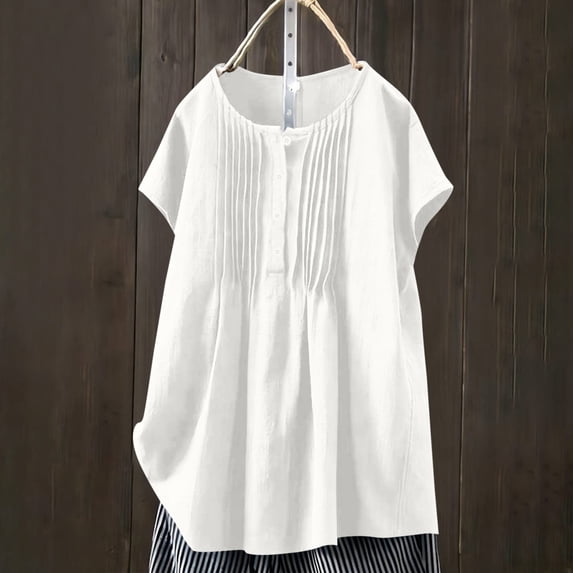 Linen Blouse for Women Round Neck Short Sleeve Casual Loose Fit Pleated Button Down Soft Lightweight Summer Office Work Tops