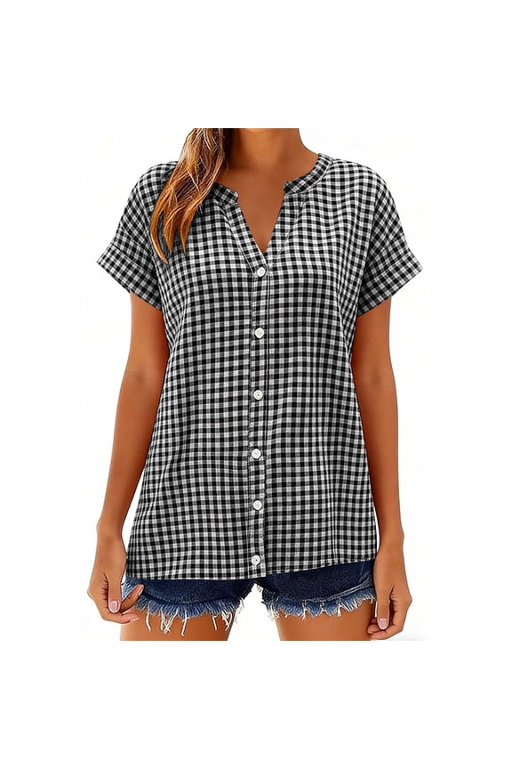 Linen Blouse for Women V Neck Short Sleeve Casual Loose Fit Gingham Plaid Pattern Lightweight Comfortable Fashion Summer Tops