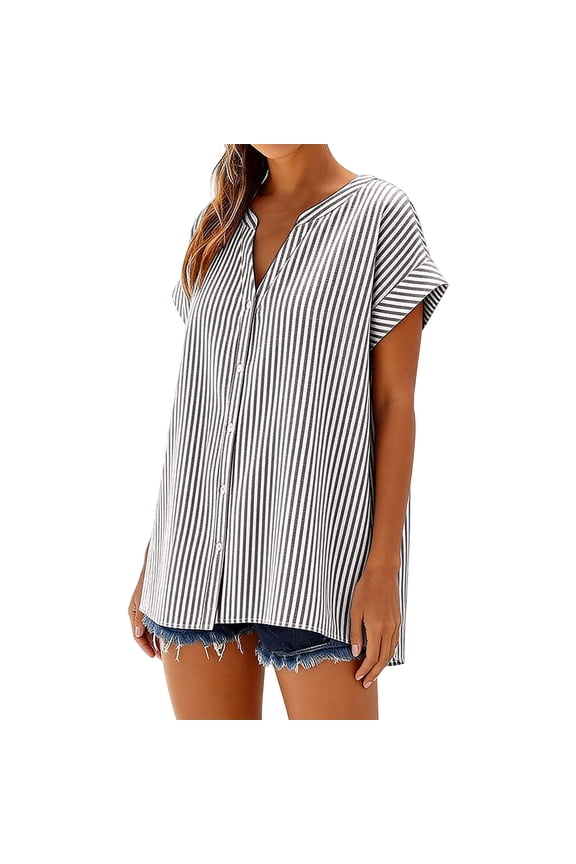Linen Blouse for Women V Neck Short Sleeve Casual Loose Fit Vertical Striped Pattern Breathable Soft Summer Fashion Tunic Tops