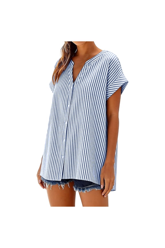 Linen Blouse for Women V Neck Short Sleeve Casual Loose Fit Vertical Striped Pattern Breathable Soft Summer Fashion Tunic Tops