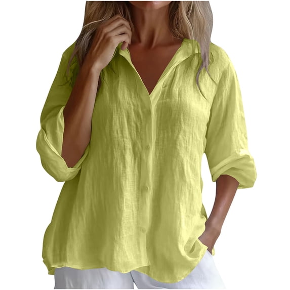 Linen Blouses for Women Long Sleeve Cotton Linen Button Down Shirt Oversized Casual Office Work Tops Ladies Elegant Loose Fit Tunic Top Solid Color Tee Shirt Going Out Top