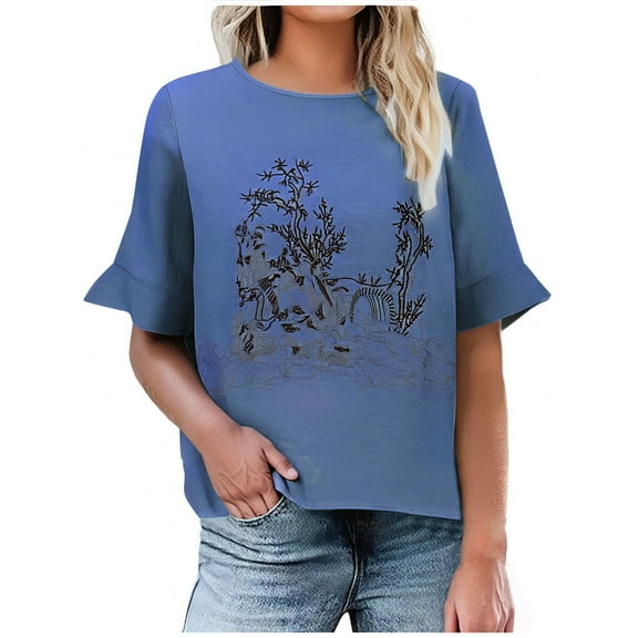 Linen Blouses for Women Vintage Graphic Boho Summer Cotton Tops Ruffle Short Sleeve Shirts Casual Loose Peasant Blouses Printed T-Shirt Lagenlook Pullover Top