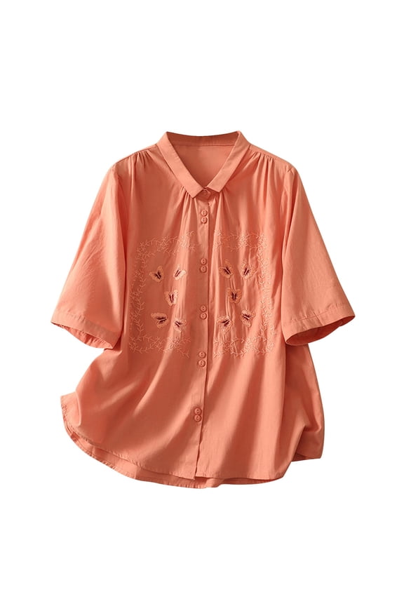 Linen Blouses for Women Boho Embroidered Tops 3/4 Sleeve V Neck Button Shirts, Loose Flowy Gauzy Tunics Blouses Orange L