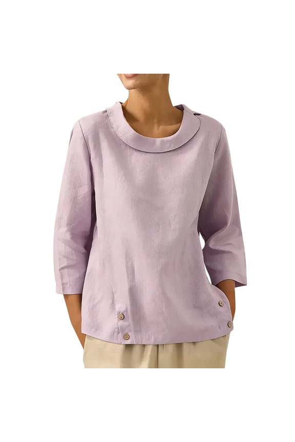 Linen Blouses for Women Dressy Casual Cotton Cute Shirts 2026 Springs Summer Women's Clothing Breathable Cozy Womens 3/4 Sleeve Tops Pink