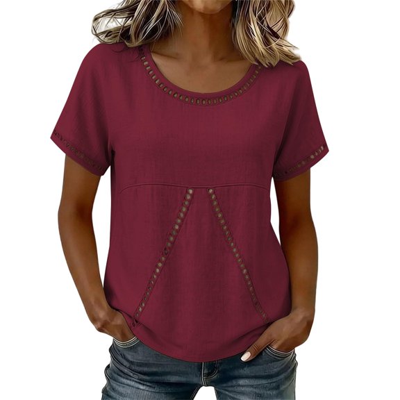 Linen Blouses for Women Summer Casual Boho Hollow-Out Crew Neck Short Sleeve Shirts 2026 Summer Beach Dressy Tops Clothes