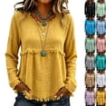 thumbnail image 1 of Linen Blouses for Women Summer Cute Fringe Long Sleeve Modest Tunic Tops Casual Y2k Baggy Crew Neck Plain T Shirts Yellow L, 1 of 7