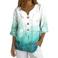 thumbnail image 1 of Linen Blouses for Women Summer V Neck 3/4 Sleeve T Shirts Vintage Floral Print Blouse Button up Tops Dressy Casual Vacation Outfits, 1 of 7