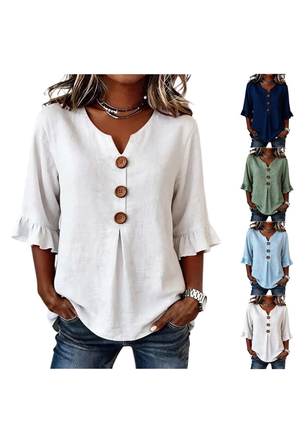 Linen Blouses for Women V Neck 3/4 Sleeve Ruffle Cuff Shirts Plus Size Casual Button Down Tunic Tops 2026 White M