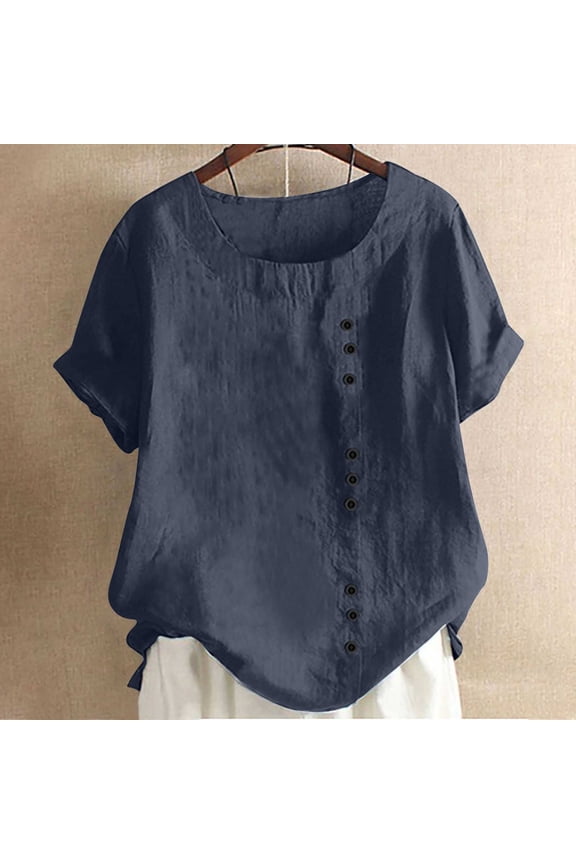 Linen Blouses for Women Vintage Floral Boho Shirt Summer Vacation Beach Tops Trendy Casual Tops 2025 Travel Clothes Blue XL