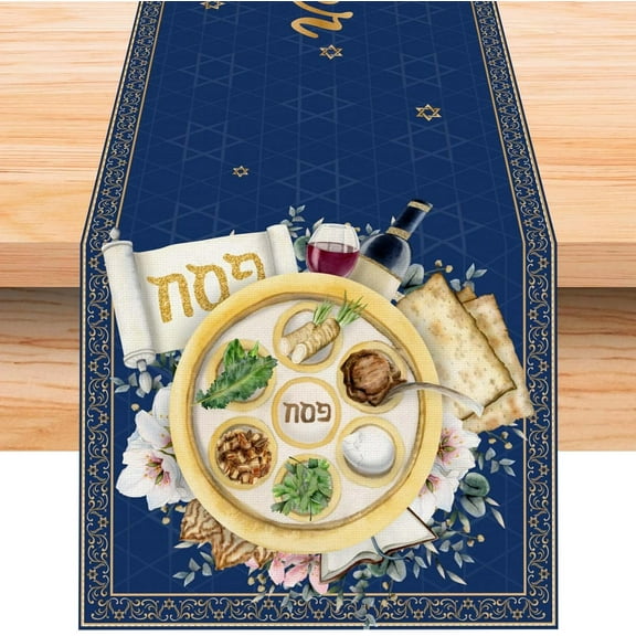 Linen Blue Passover Table Runner 72 Inches Long Israeli Judaism Passover Pesach Decoration and Supplies for Home Kitchen Dining Room Table
