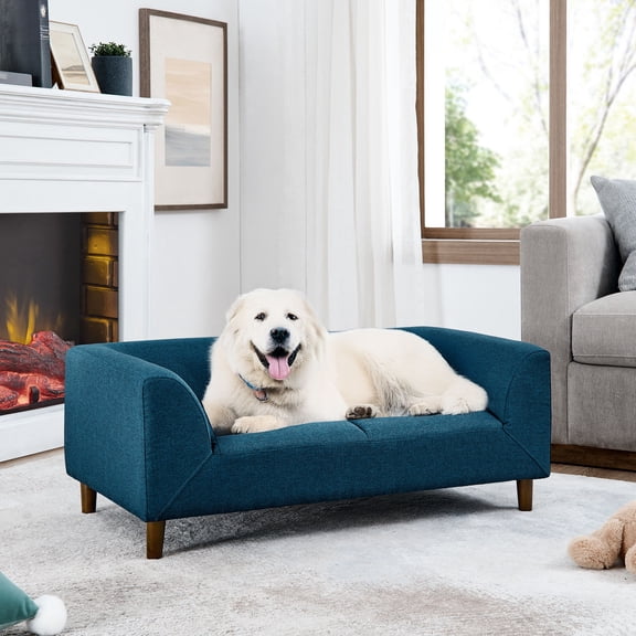 Linen Blue Pet Sofa with Backrest / Provides a Comfortable Space for Dogs