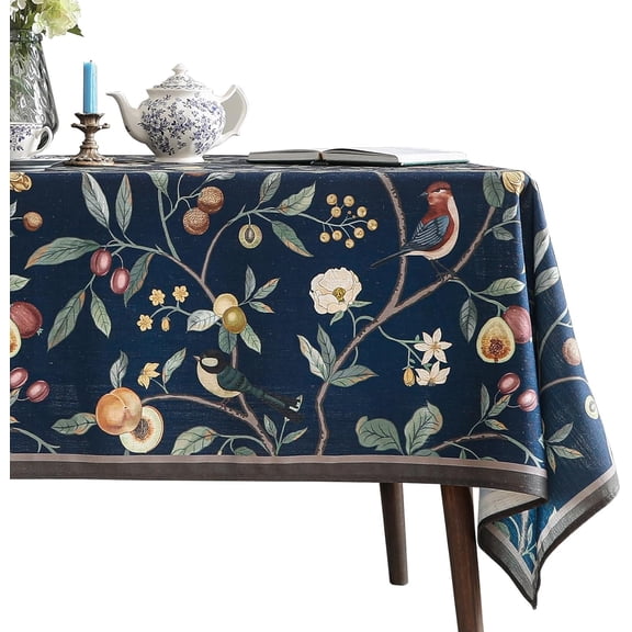 Linen Blue Tablecloth,Wrinkle Resistant French Vintage Tablecloth Print with Foral,Decor Square Table Cloth for Thanksgiving,Dining Room,Home,Kitchen 67" × 67"-DeweyA Blue